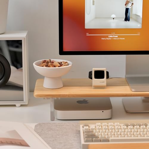 Image of Bamboo Monitor Stand Riser with Acrylic Legs for Desk, 31.5 Inches Desktop Shelf Supports for PC Computer Monitor, Laptops, Printer, Speakers (Natural)