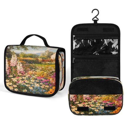 Colorful Flowers Garden Makeup Bag Portable Hanging Organizer for Travel Wash Bags With Handle And Divider