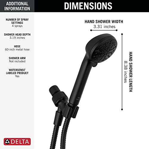 Delta Faucet 4-Setting Handheld Shower Head, Black Shower Head with Hose, Showerheads & Handheld Showers, Handheld Shower Heads, Detachable Shower Head, Hand Shower 1.75 GPM, Matte Black 75413BL - image 3