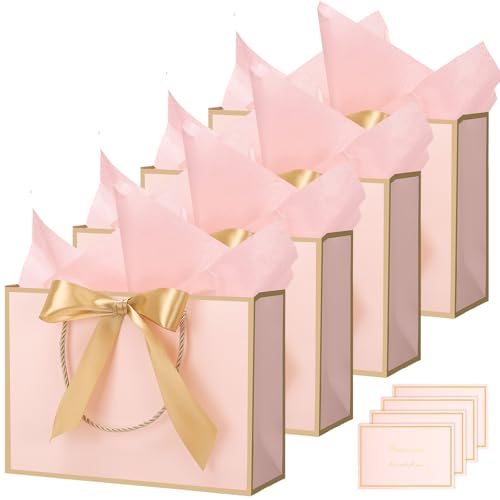 4 Pink Gift Bags With 8 Tissue Paper & 4 Cards 28 x 20 x 10 Cm