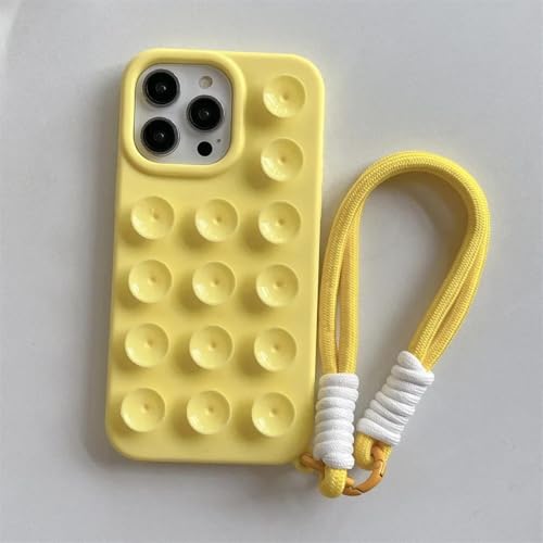 Coque iPhone 15 Pro antichoc silicone jaune dragonne tour de cou ventouse