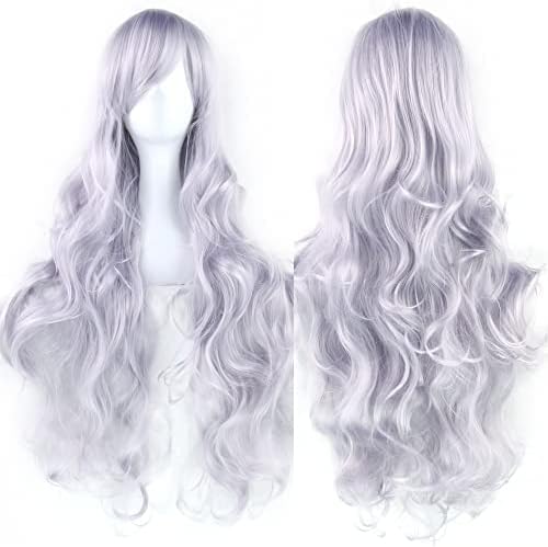 IMISSU 80cm Long Curly Natural Hair Cosplay Wig with Bangs Colorful Halloween Costume Party Wigs for Women (Sliver Grey)