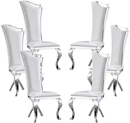 Goderfuu Dining Chairs Set of 6 - White Dining Room Chairs with Stainless Steel Legs, Faux Leather Upholstered Dining Chairs Modern Dining Chairs Kitchen Side Chairs, White and Silver Dining Chairs
