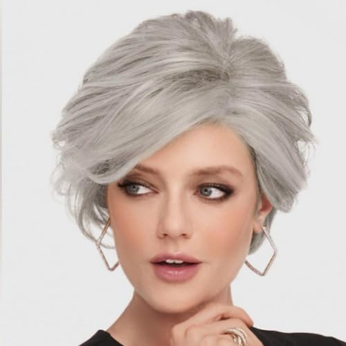 Swiking Gray Short Wigs for Women Layered Grey Wig with Side Part Bangs Natural Synthetic Cosplay Daily Party Wigs