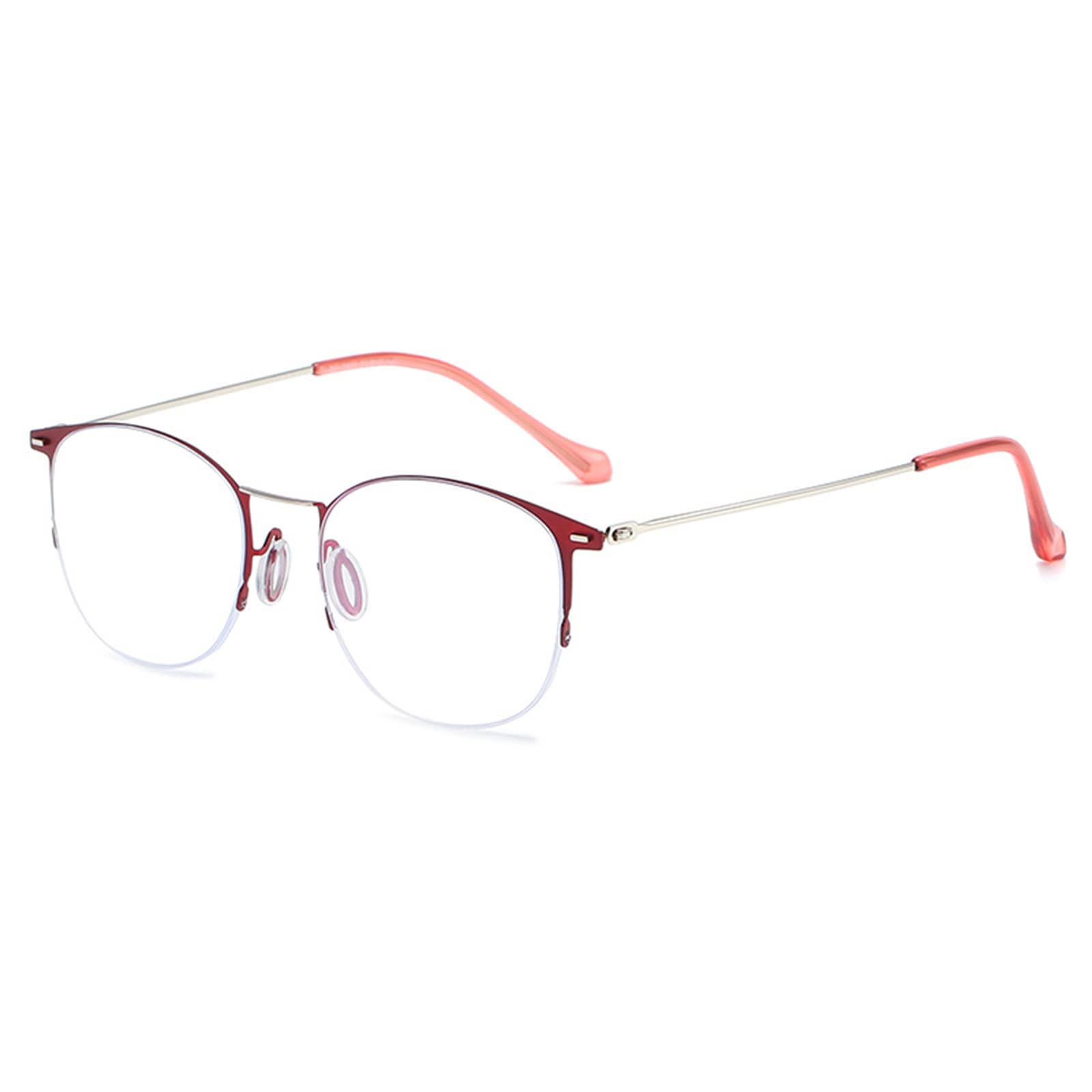 Gafas de Lectura con luz antiazul para Mujer, Gafas de Medio Marco Redondas de Metal para Ancianos, Gafas para presbicia óptica antitensión Ocular, RedSilver-+2.00