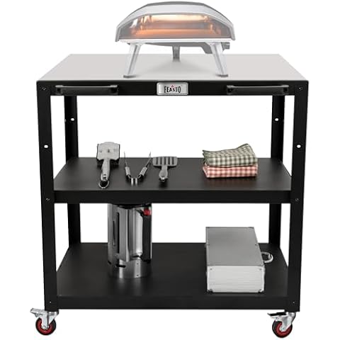 Feasto Large Movable Pizza Oven Table for Outdoor, 36''x 24'' Tabletop Stainless Steel Grill Cart with Wheels, 3-Shelf Outdoor Kitchen Prep Table Pizza Oven Stand on Wheels for Ooni 16, Blackstone Cover