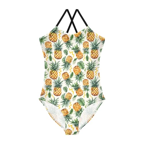 senya Girls Swimsuits One-Piece Swimwear Tie Bathing Suit Beach Summer Round Neck 5-6T Tropical Pineapples and Leaves Pattern