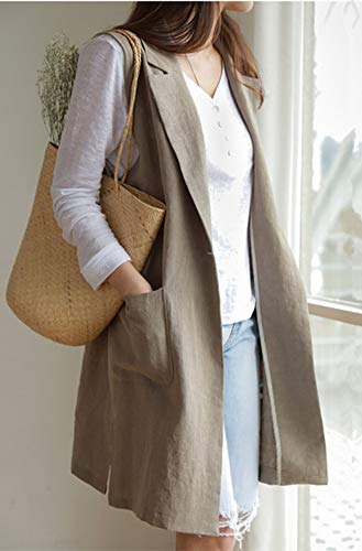 Kedera Women's Linen Vest Lapel Sleeveless Long Open Front Cardigan Vest With Pockets Khaki #TOP1