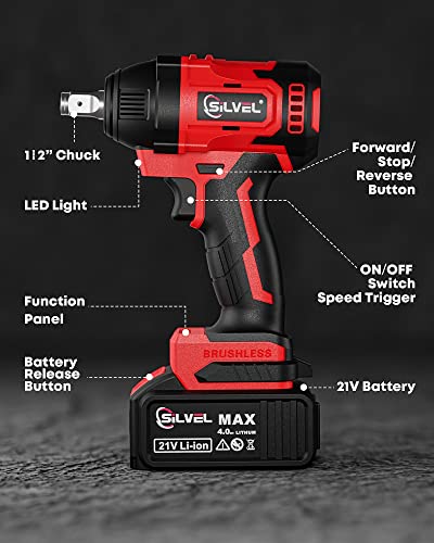 image for SILVEL 21V Cordless Impact Wrench 1/2 inch，370 Ft-lbs Max Torque(500