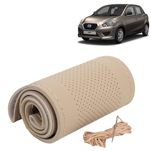 Image of KINGSWAY PU Leatherite Car Steering Cover Sewable Compatible with Datsun Go (Year 2014 Onwards), Beige Color with Beige Thread, Pack of 1 with Sewing Needle and Thread