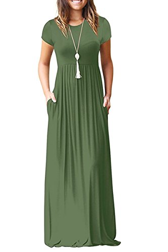 VIISHOW Women s Short Sleeve Loose Plain Maxi Dresses Casual Long Dresses Maternity Dresses with Pockets（Army Green,Small）