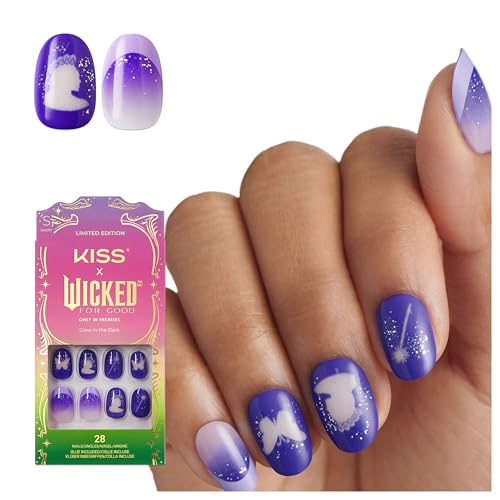 KISS X WICKED: FOR GOOD Press On Nails Glow With Glinda Purple Short Oval Waterproof Chip Proof Smudge Proof 28 Fake Nails Pink Gel Nail Glue (2g) Mini Nail File & Manicure Stick