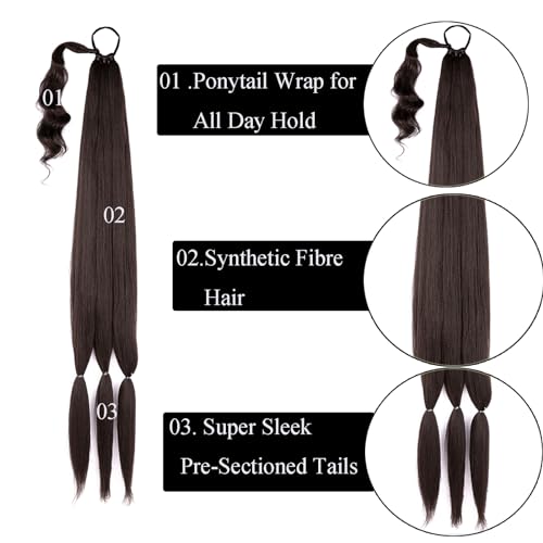 32inch Long Braid Ponytail Extension Straight Sleek Wrap Around Braid Hair Extensions Ponytail Synthetic Hair Pieces for Women Girls (Black Brown) - Image 4