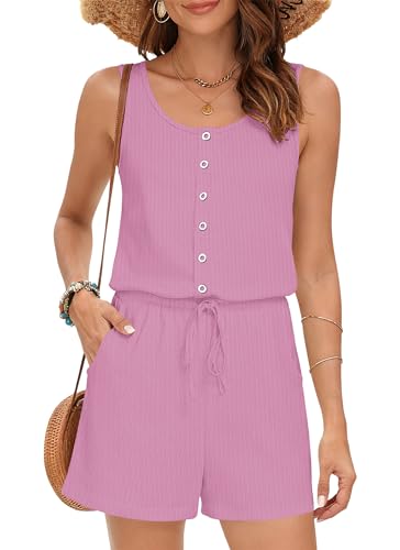 MISFAY Women Sleeveless Romper Button Scoop Neck Jumpsuit Pocket MV