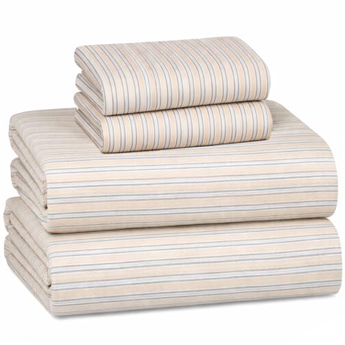 Image of Briarwood Home Printed Flannel Sheet Set, 100% Natural Cotton, Soft, Warm & Deep Pocket, Advanced Nano-Tech Making it Resistance to Pilling; Brushed 6 Times for Softness (Oak Stripes, Twin)