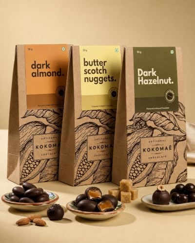 Image of KOKOMAE Chocolate Gift Box | 3 Chocolate Coated Nut Bars - Dark Almond, Dark Hazelnut & Butterscotch Nuggets | Premium Festive Gift Hamper (3 Dragees Gift Box)