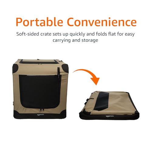 Image of Amazon Basics Portable Folding Soft Dog Crate for Cat, Dog, Rabbit, Double Door with Mesh Ventilation, Collapsible, Easy to Set Up, Large 36 inch x 24 inch x 24 inch, Tan