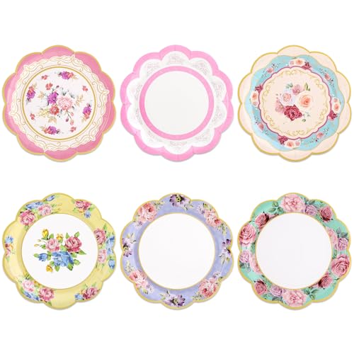 NatNarr 48 Pcs Floral Tea Party Paper Plates, 9 inch Disposable Vintage Paper Plates Garden Party Decoration for Birthday Baby Shower Bridal Wedding
