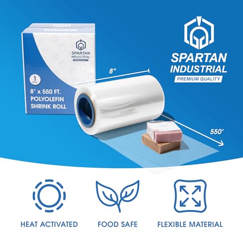 Image of Spartan Industrial - 8 inch X 550' Polyolefin Centerfold Heat Shrink Wrap Roll - 80 Gauge Shrinkable Film for Packaging Books, Toys, Sporting Goods, Medical Supplies, and More