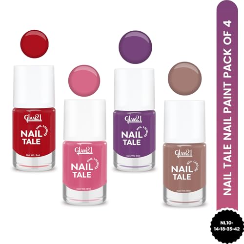 Image of Glam21 Nail Tale- Nail Lacquer | Multicolor|Quick Drying Nail Polish| Glossy Gel Finish Nail Kit | Highly Pigmented & Long Lasting | Chip Resistance | 9ml Each| Pack Of 4 (Shade-14-18-42-35)
