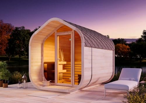 FinnTherm Fasssauna ScandiCube Wave Comfort, Outdoor Sauna mit Glasfront, Moderne Gartensauna inkl. Dacheindeckung, Außensauna L 205 x B 217 x H 233 cm, 4 Personen, 42 mm Wandstärke