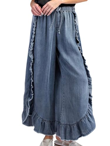 ebossy Womens Ruffle Wide Leg Denim Pants Elastic High Waisted Palazzo Pants Boho Flowy Jeans Culottes