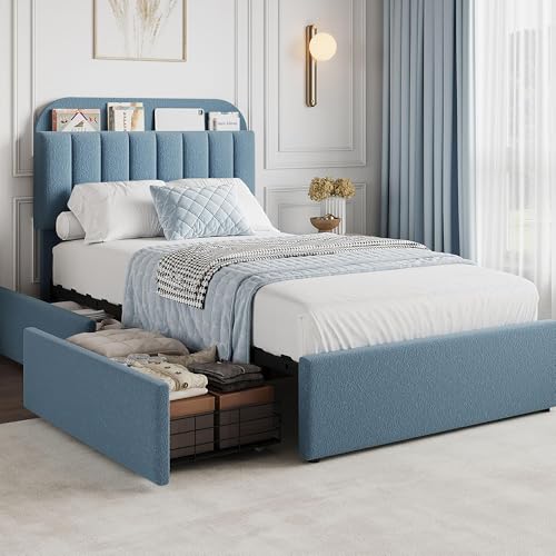 Twin Bed Frame with Storage Headboard and 2 Drawers, Boucle Upholstered Platform Bed, Twin Size Bed Frame with Bookcase Headboard, No Box Spring Needed, Easy Assembly, Blue by PeacefulHues - Used condition - CA$256.49