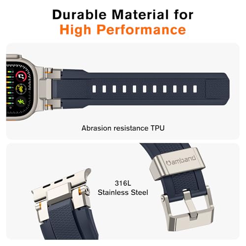 Image of amBand Bands Compatible with Apple Watch Ultra 3 /2 /1 49mm, M1 Sport Series Rugged Durable Strap with Metal Connector to Match Ultra's Titanium Case for iWatch 49 mm Men Titanium /Navy Blue