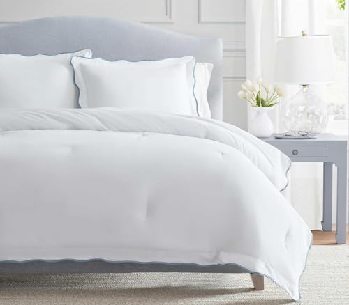 Image of Martha Stewart - King Comforter Set, Crisp & Smooth Bedding with a Cotton Percale Lightweight Feel, Reversible 3 Piece Bed Set with Matching Pillowcases (Simple Scallop Blue)