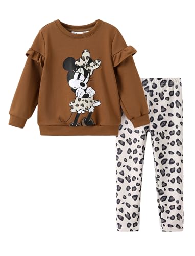 Disney Minnie Mouse Girls Outfit Ruffle Long Sleeve Sweatshirt and Print Leggings Cute Pullover and Pants Set for Fall Toddlers 2 Piece Girls Clothes for Back to School Gift Coffee 3T