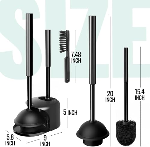 Image of FORASTO 4 in 1 Toilet Brush and Plunger Set, Long Handle Combo, 2 Pack | Dark black bathroom cleaning tools with holder. Includes crevice brush for deep toilet bowl scrubbing.