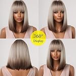 Allbell Braun Blonde Ombre Bob Perücken für Frauen Cosplay Perücke mit Bangs Dunkle Wurzeln Grau Naturhaar Synthetische Perücke – Bild 5