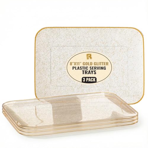 3 Pack Gold Glitter Plastic Serving Trays for Party - Gold Glittered Serving Tray 8 x 11 Inch - Heavy Duty Dessert Trays for Food - Rectangular Party Serving Trays for Entertaining