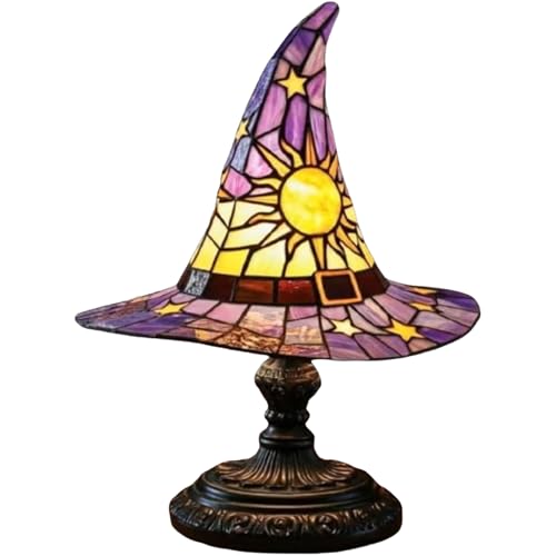 QGHZA Stained Resin Witch Hat Lamp, Tiffany Party Decorations Night Light for Bedroom and Outdoor (Purple, L)