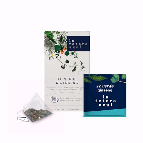 LA TETERA AZUL Te Verde con Ginseng En Pirámides. 20 Pirámides Envueltas Individualmente.