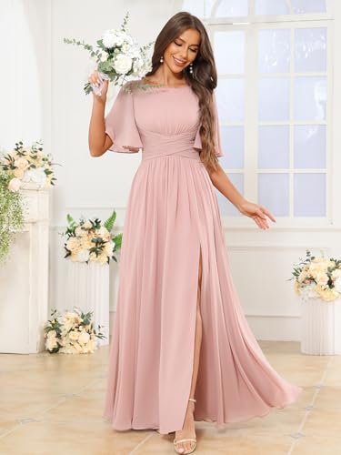 Women's Flutter Sleeve Chiffon Bridesmaid Dress with Pockets Scoop Neck A-line Long Formal Evening Dress with Slit4