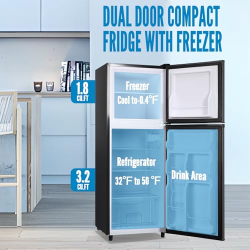 WANAI Large Capacity Fridge with Freezer, 5.0 CU.FT Refrigerator with 2 Door & 7 Gear Mechanical Control & Side Bottle Rack, LED Light, Ideal for Dorm, Kitchen, Apartment, Office, Black