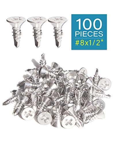 Image of IMScrews 100pcs #8 x 1 /2 inch Stainless Flat Head Phillips Self Drilling Screws, 410 Stainless Steel Full Thread Sheet Metal Tek Wood to Metal Screws