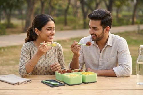 Image of Double Decker 3 Compartment Lunch Box for School & Office, Lunch Box with Cutlery and Lid,Microwave Safe Lunch Boxes | Pista Green - 1400 ML