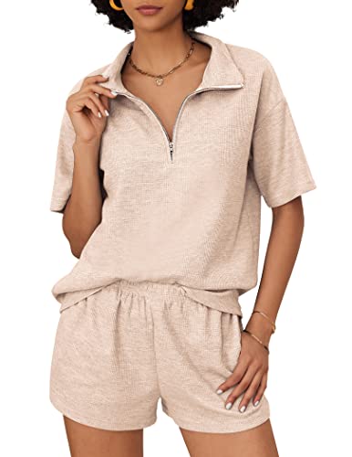 Ekouaer Lounge Sets For Women 2 Piece Waffle Pajamas Zipper Short Sleeve And Short Matching Sets Summer Outfits Loungewear Sleepwear Beige Large #TOP28