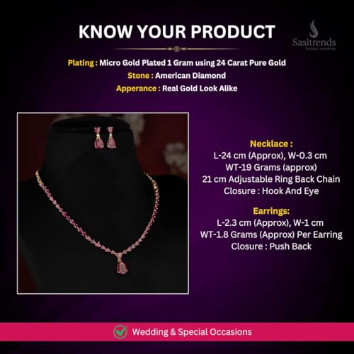 Image of Sasitrends Micro Gold Plated American Diamond Ruby stone Studded Necklace Jewellery Set