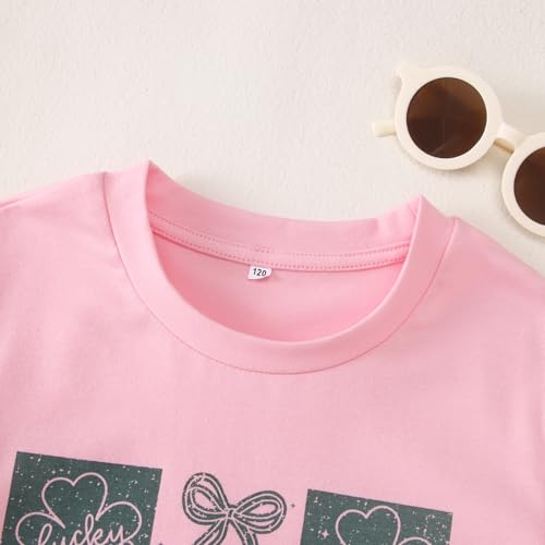 Image of GLIGLITTR Kids St Patricks Day Shirt Girls Bow Shamrock Clover Lucky Graphic T-Shirt Irish Short Sleeve Tee Tops 7-12 Years
