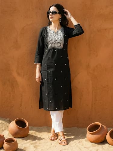 Image of INDO ERA Womens Straight Embroidered Chikankari Kurta