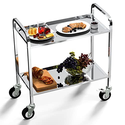 Chariot de Service INOX,Service desserte de Cuisine à roulettes avec 4 roulettes 2 Etagères de Rangement Chariot de Restaurant Capacité 240 kg,roulettes Pivotantes sur 360°,2 Freins (94x49x93cm) Cover