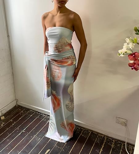 Image of Women Floral Strapless Maxi Dress Y2K Bodycon Tube Long Dresses Sexy Party Formal Cocktail Beach Slit Dress