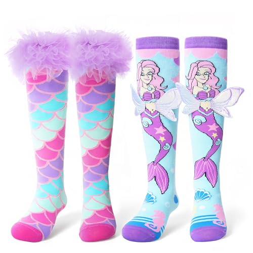 ANTSANG 3D Cute Knee High Socks for Girls Kids 2 Pairs Funny Crazy Long Boot Tall Cotton Socks Mismatched Novelty Stocking(Mermaid 3-12 Years)