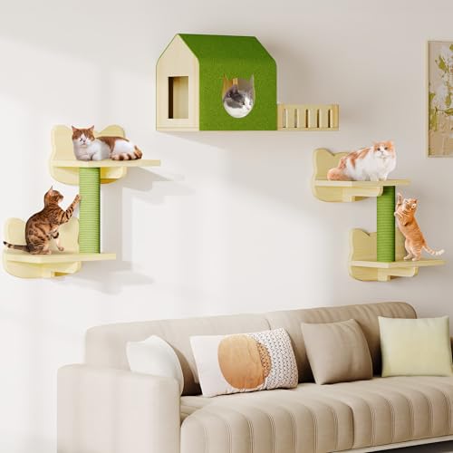 Image of DWVO Cat Wall Shelves and Perches for Wall, Solid Wood Wall Mounted Cat Furniture, Set of 7 Cats Climbing Shelves for Large Cats with Green Wall House and Fence, Steps, Scratching Posts