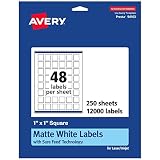 Avery® Matte White Square Labels, Sure Feed® Technology, 1" x 1", 12,000 Matte White Printable Labels