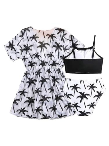 Image of Girl's 3 Piece Set Coconut Tree Print Bikini Sets Bathing Suit Black 10Y
