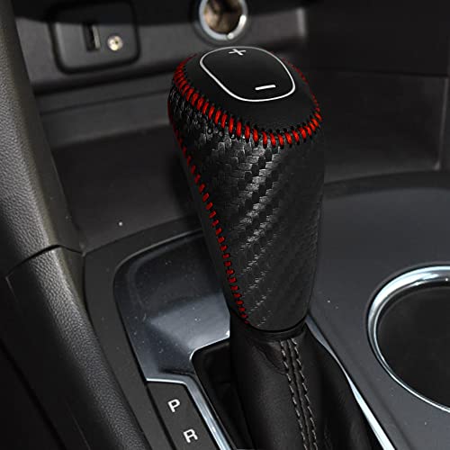 Deytop Gear Shift Knob Cover For Chevy Malibu & Equinox 2016-2020/ Cruze 2017-2019 Auto Leather Gear Shifter Knob Protector Trim For Chevy Eqionox 2021 Accessories (Carbon Fiber With Red Stitches) #TOP2